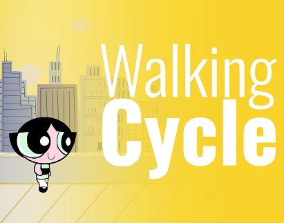 Ciclo de caminata animación 2D del personaje Bellota, estudio de walk cycle con estilo cartoon inspirado en Las Chicas Superpoderosas